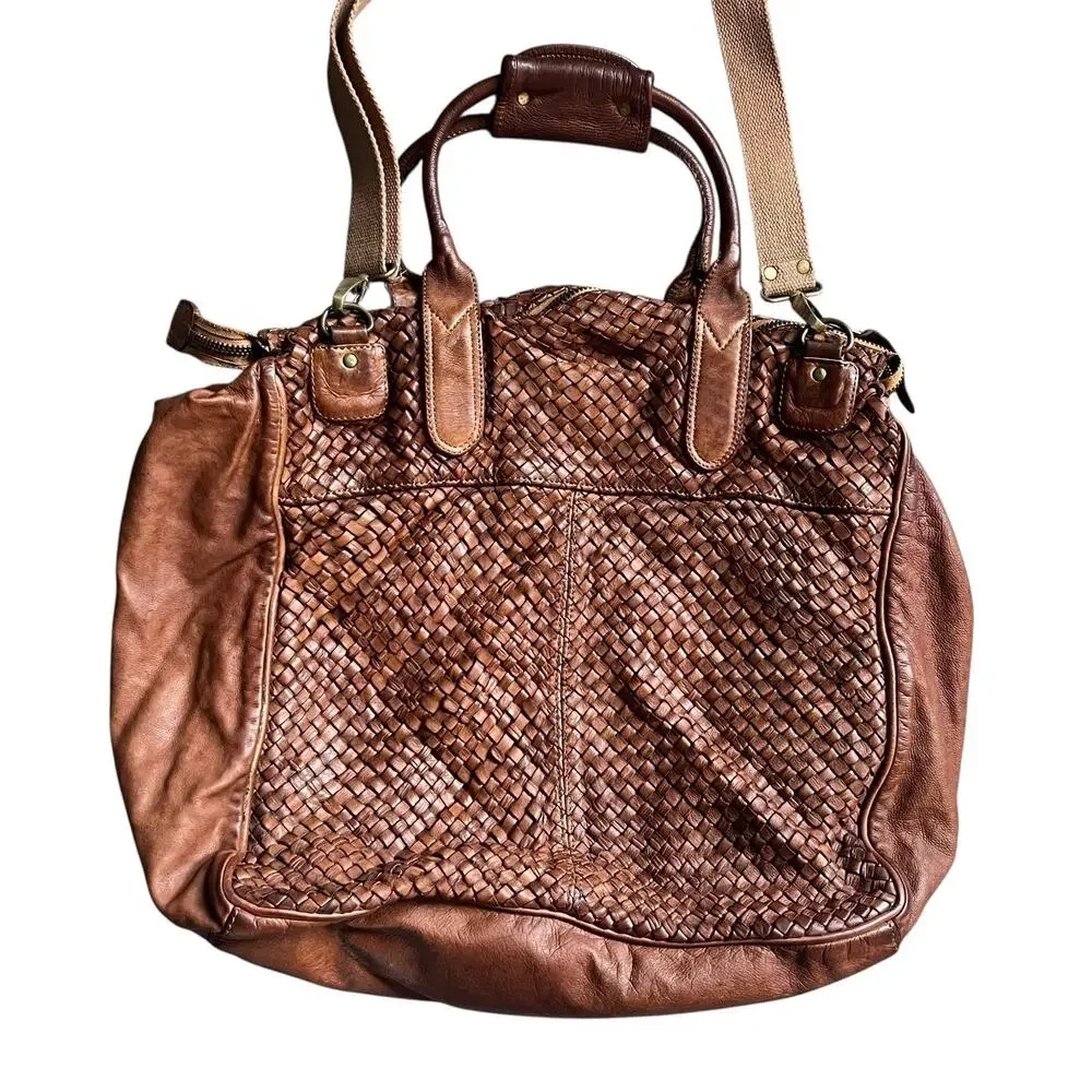 Bruno Magli Brown Woven Leather Duffle Satchel Travel Bag Made Italy Y2K